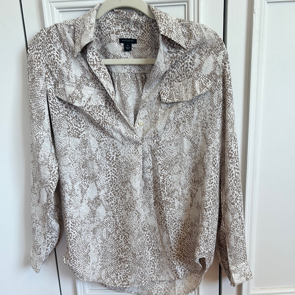 Ann Taylor Tan and White Button Down Blouse